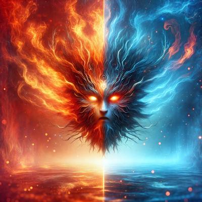 The primary subject of the image is a face with a mix of red and blue colors. The face appears to be a combination of a human and an animal, possibly a bird. The setting is a water surface, with the face seemingly emerging from the water. The visual style of the image is digital art, as it is a computer-generated or digitally created piece. The dominant colors in the image are red and blue, creating a striking and visually appealing contrast.